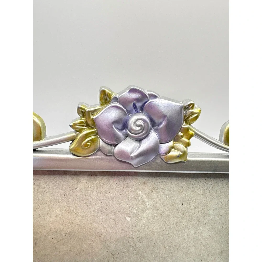 Vintage Connoisseur Pewter Silver Enamel Purple Rose Floral Picture Frame 4x6